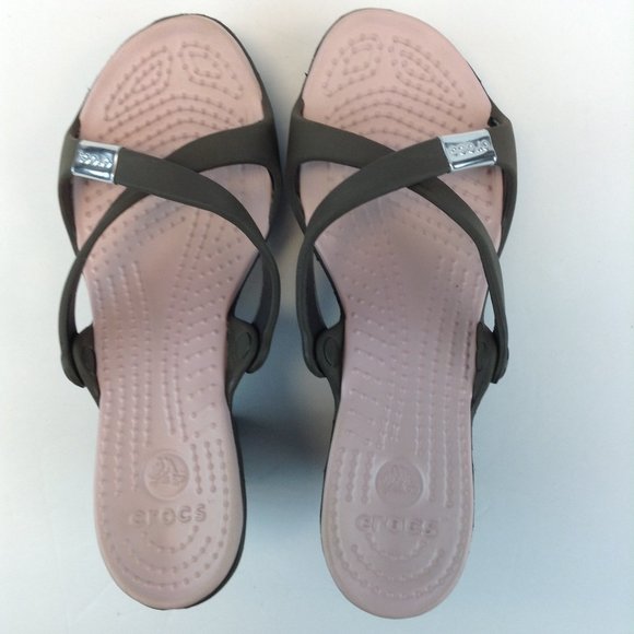 Crocs Cyprus Block Heels Brown Pink Criss Cross Strap - Picture 6 of 16